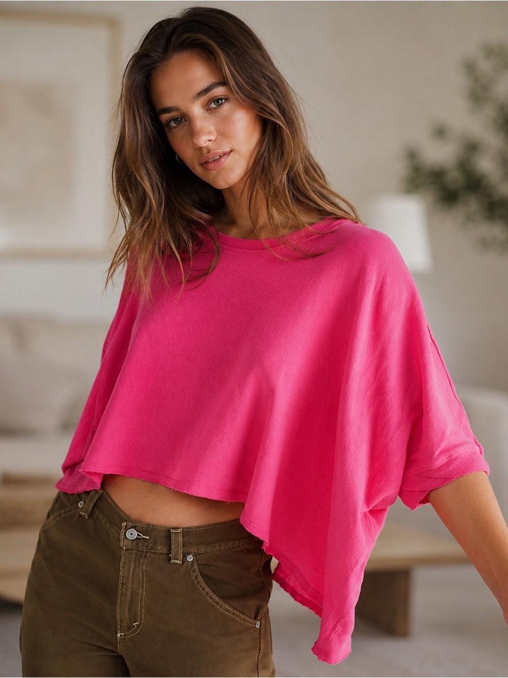 Free People We The Free CC Tee Women’s Size Small Cropped Oversized Hot Pink